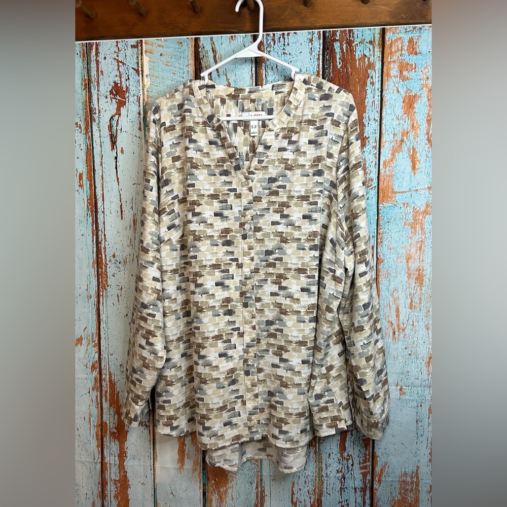 Denim & Co Mocha Multi Colored Y Neck Button-Down Shirt